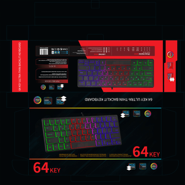 Vattentät Mini Kompakt Speltangentbord 64 för Tangentbordsspel RGB-Bakgrundsbelysning Ultra Kompakt Minitangentbord för PC-Spel