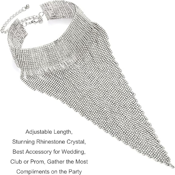 Rhinestone Statement Halskjede for Kvinner Tassel Bib Choker Krage Chunky Kostymesmykker B