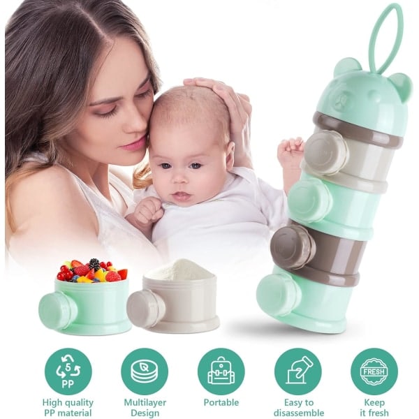 Mjölkpulverbehållare för Bebisar, Portabel 4 Lager 270ml Per Lager Twist-Lock Fack, Stapelbara Burkar för Barnmat Green/Grey