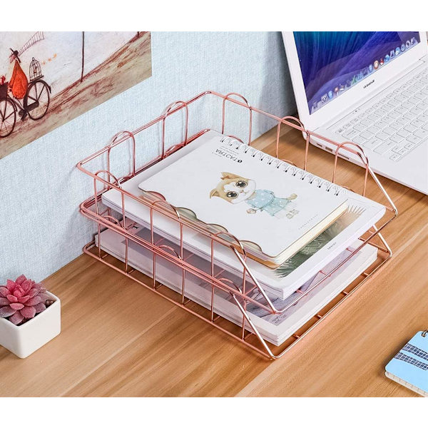 2-nivå A4 Metallstativ Stablet Kontor Skrivebord Opprydding Filholder Magasin Oppbevaring Papirarrangør Rose Gold Style 1