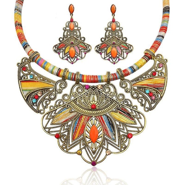 Mode Handgjorda Etniska Set Haklapp Halsband Örhängen Multicolor Boho Vintage Statement Smycken För Kvinnor 3st