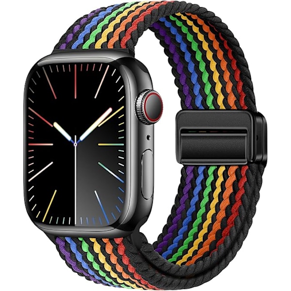 Yhteensopiva Apple Watch -hihnan kanssa, Elastinen magneettinen nylonhihna iWatch-sarjalle miehille ja naisille Black Rainbow 42/44/45/49mm