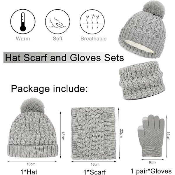 Vintermössa, Halsduk och Vantar Set för Barn, 3-Delar Stickad Varm Crochet Tjock Fluffig Halsduk Pom Pom Mössa Två Fingrar Touch Screen Vantar Set Grey