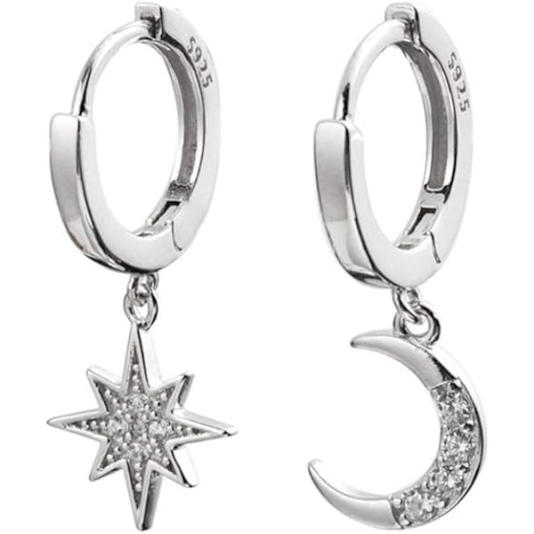 Moon Star Dangle Small Hoop Earrings for Women Girls Sterling Silver Charms Crystal Asymmetrical Snowflake Crescent Drop