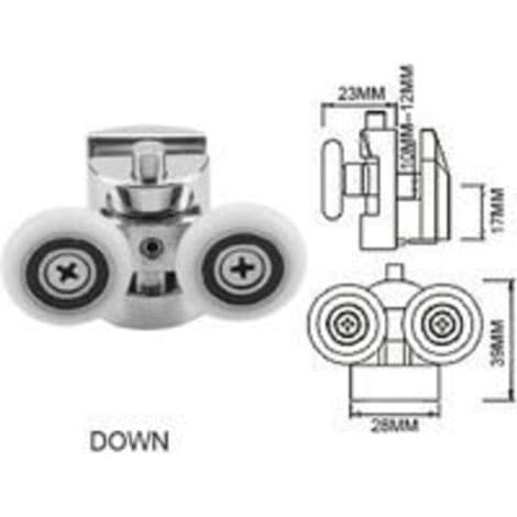 Sæt med 4 dobbeltruller - til skydedøre til brusenicher, 2 x 23 mm diameter zinklegeringshjul til badeværelset