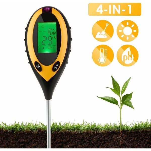 Jordprøveapparat, Jordmåler, Fugtighedsmåler, pH, Fugtighed, Lys og Temperatur, til Indendørs Planter, Haver, Indendørs og Udendørs