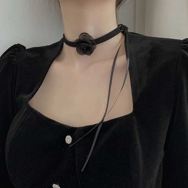 Bohemsk fløyel choker langt bånd sateng blomst krage halskjede sexy svart kamelia choker kostyme smykker tilbehør for kvinner og jenter 1