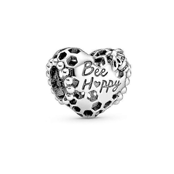 Dame Sterling Sølv Bee Happy Honeycomb Hjerte Armbånd Charm