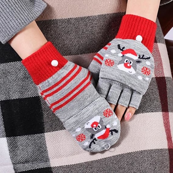 Vuxna Julvantar Stickade Halvfinger Vantar med Vändbar Skydd Konvertibla Vantar Vinter Varma Vantar Reindeer Grey
