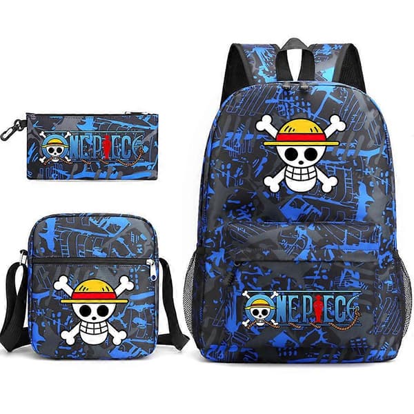 One Piece Skoletaske Rygsæk Penalhus Skuldertaske Tre-delt Sæt Pattern blue
