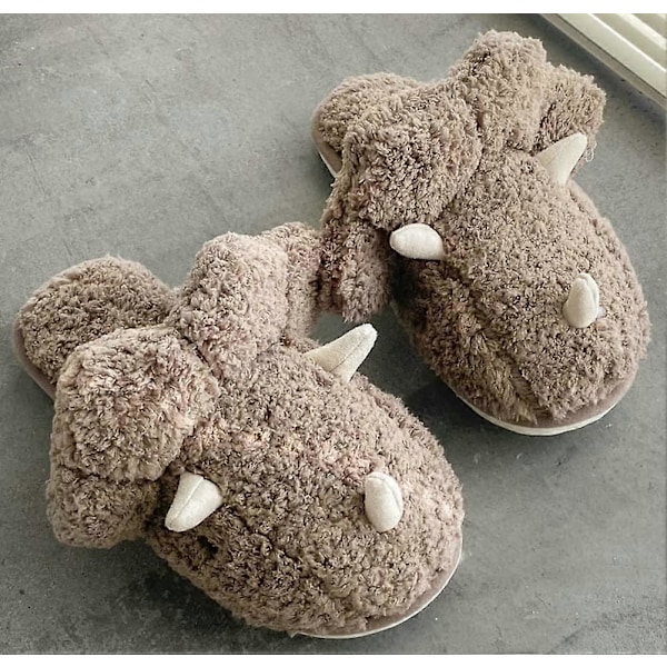 Voksne Unisex Dyresko Fluffy Plysj Dinosaur Design Hjemmesko Morsomme Triceratops Sko Anti-Skli Soveromssko Coffee 38-39