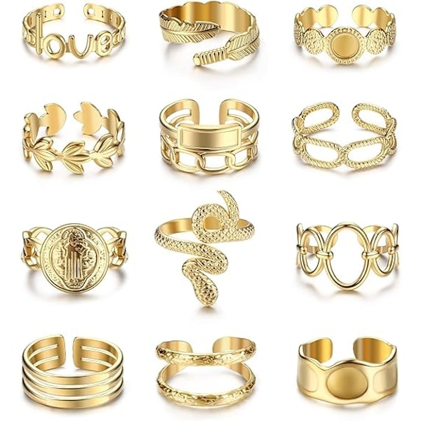 18K Gold Plated Rings for Women Stainless Steel Statement Rings Pack Stackable Boho Midi Rings Adjustable Open Ring Band Twisted Signet Rings Gold