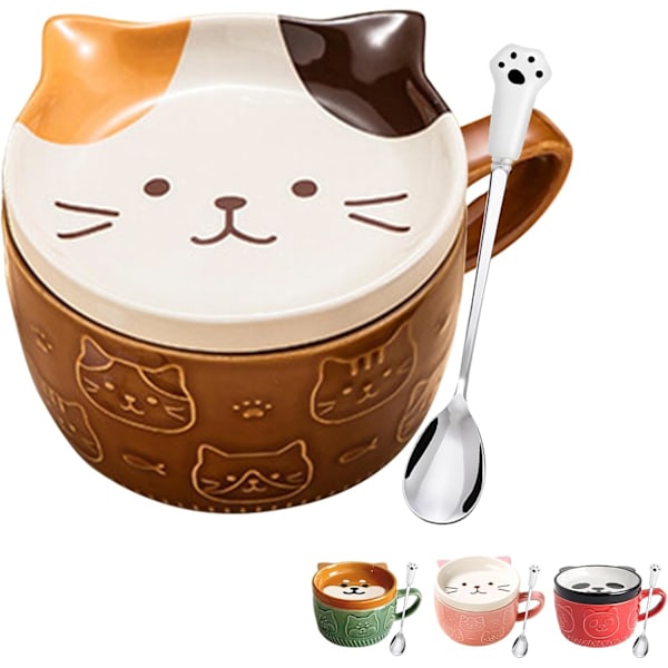 Cat Coffee Mugs with Lids Spoon,Novelty Animal Coffee Ceramic Cup Dessert Saucer Set,Christmas Birthday Gifts