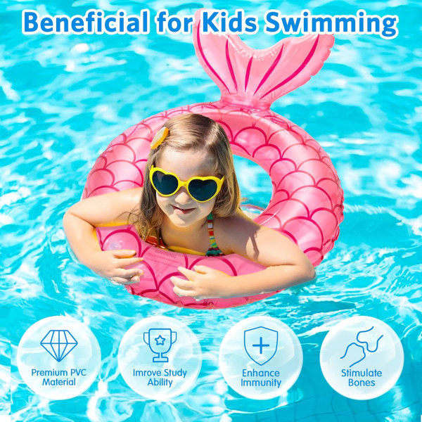 Svømmering til børn, holdbare oppustelige pool floats, havfrue anime gummi float ring, flydende sommer strandfest for 4-9 børn og vandsport Mermaid Pink