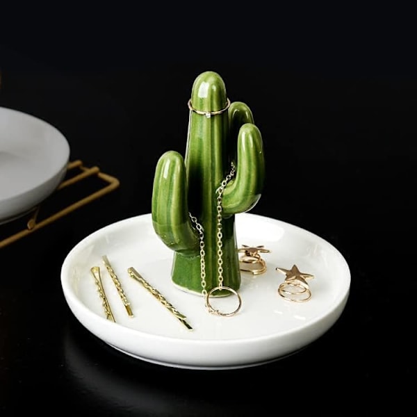 Sett med 2 Aloe og Kaktus Ringholderfat, Keramisk Smykkefat Armbånd Øredobber Halskjede Organizer, Dekorativt Pyntefat for Bryllup
