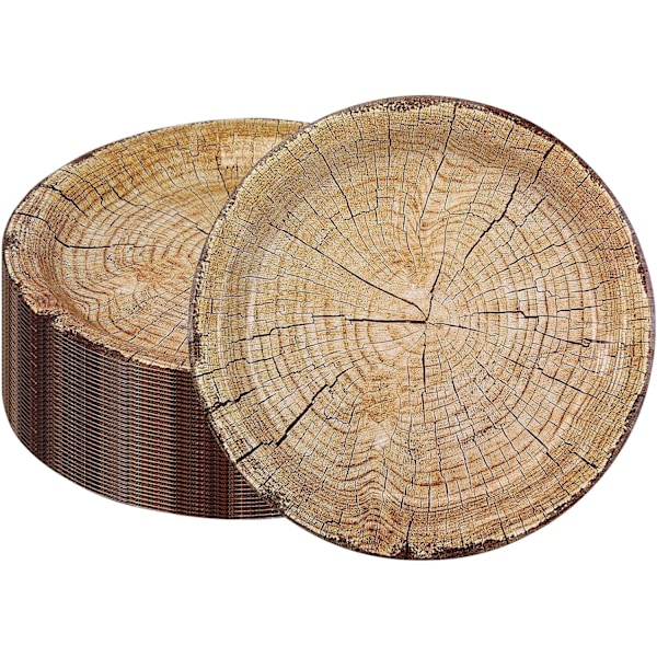 Wood Grain Party Supplies Wood Grain Paper Plates 50 Pieces, 9" Rustic Wood Slice Paper Plates