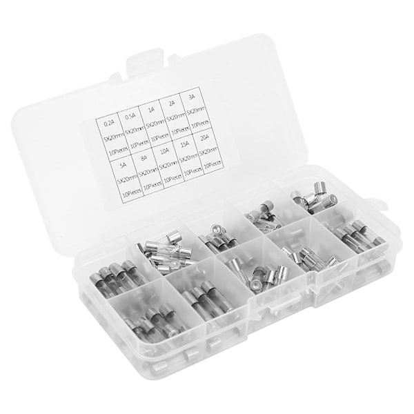 Glassikringer Blandet Sæt 100 stk. 5 x 20mm 0,2 til 20AMP Industritilbehør