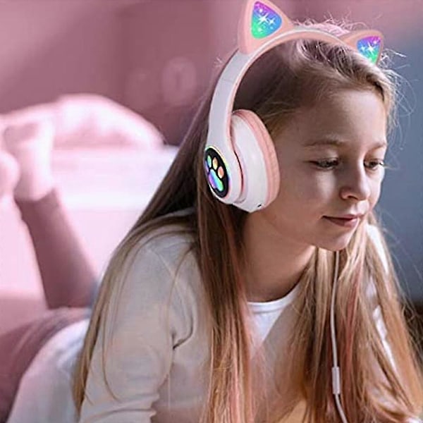 Hodetelefoner med katteører, trådløse hodetelefoner med LED-lys, Bluetooth-hodetelefoner Pink
