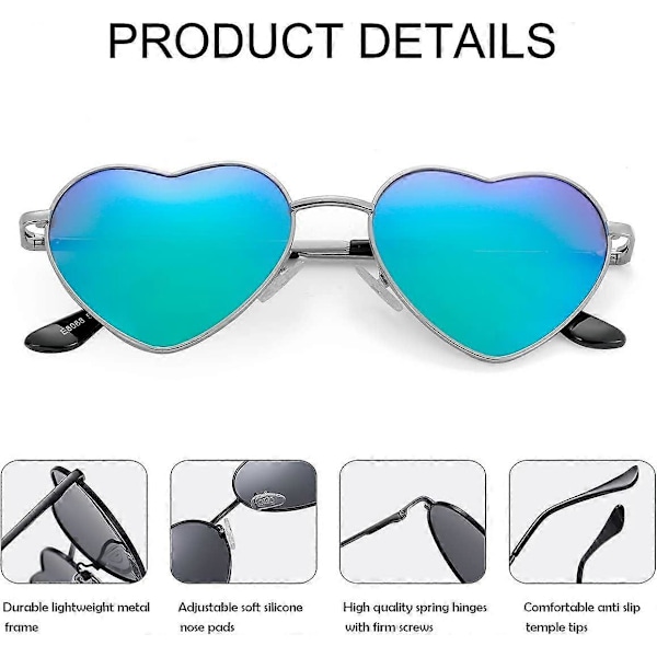 SDIGV Polariserede Hjerte Solbriller til Kvinder, Moderigtig Dejlig Stil Metalramme UV400 Beskyttelseslinse Silver Green Mirror