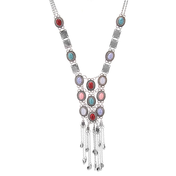 Elegant Bohemian Rose Retro Rhinestone Turkis Sølv Gull Langt Etnisk Kjede Halskjede For Kvinner A