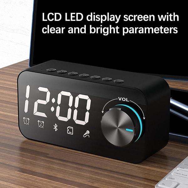 Digital Vekkerklokke med Bluetooth-høyttaler, Smart Vekkerklokke Bærbar Plug-in Kort Trådløs Høyttaler Radio, Dimbar LED-skjerm, Dobbel Alarm, Snooze,