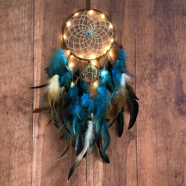 Dream catcher Blue with feathers and LED Fairy Lights Handmade