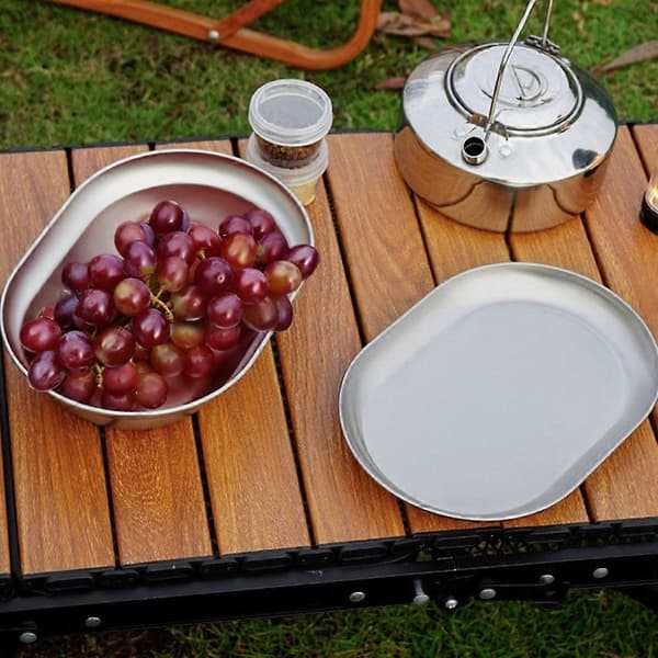 Sett med 4 elegante middagstallerkener, 304 rustfritt stål, serveringsfat, middagstallerken