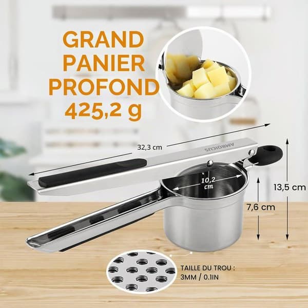 Potetmoser i rustfritt stål 450 ml - 18/10 stål - 3 mm perforert base - Ergonomisk håndtak - For gnocchi-mos