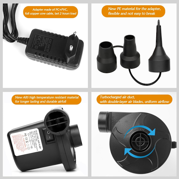 Elektrisk Luftpump, DC 12V Elektrisk Luftpump AC 230V Portabel Elektrisk Luftpump 3 Munstycken (Inget Batteri)