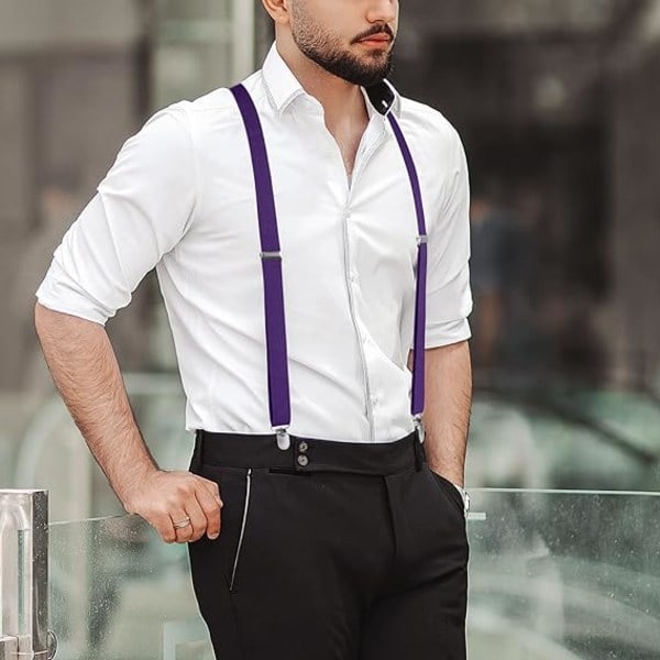 Miesten henkselit 4 klipsillä, X-muotoiset, säädettävät joustavat henkselit miesten housuihin, miesten henkselit häihin, business casual -henkselit (violetti)