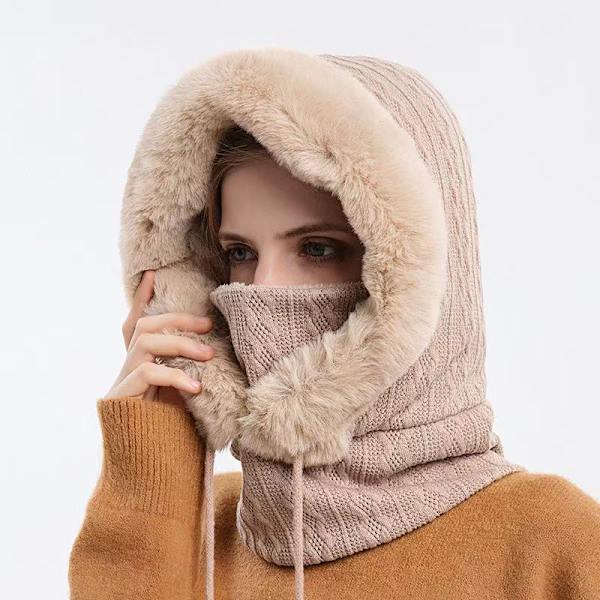 2-i-1 Beanie för Kvinnor Varm Vintermössa Halsduk Vinter Bollhatt Beige