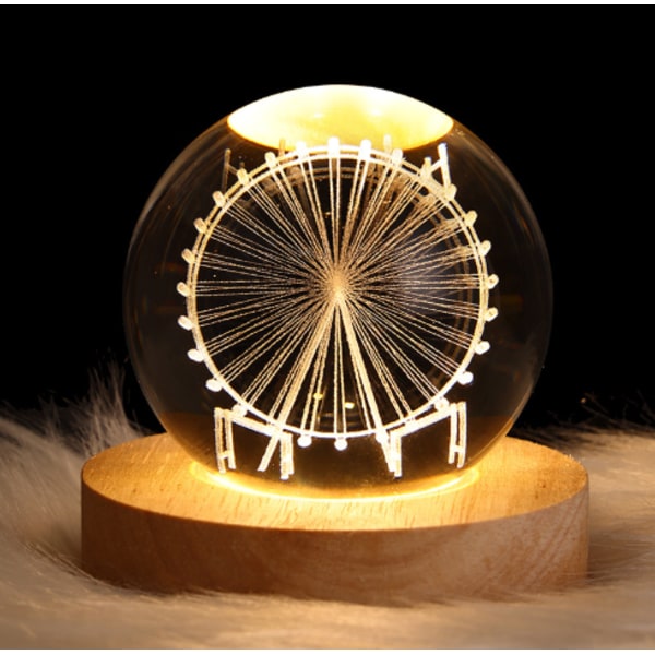 3D Saturn Krystal Kugle Natlampe til Børn Glaskugle Natlampe med Træbase Fantasifuld Dekoration Krystal Kugle Saturn LED Galaxy Planet Natlampe Ferris Wheel