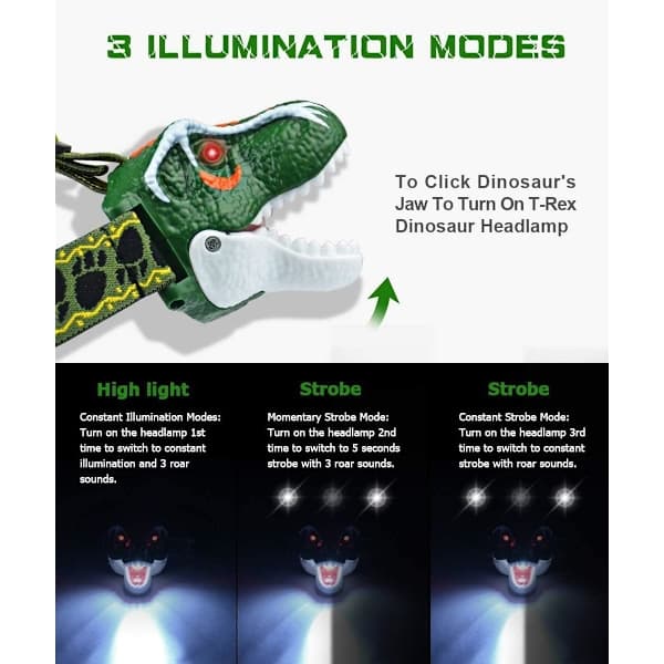 Hodelykt LED Hodelykt Dinosaurleker LED Hodelykt Lommelykt for Barn Realistisk Dino Brølelyd 3 Moduser
