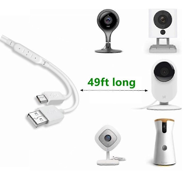Lång USB till Micro USB-kabel för CCTV-kamera, tjockt material, snabbladdning med inbyggt spänningsförstärkarchip 15m