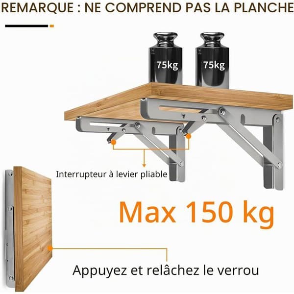 Sammenklappelig vinkelbeslag - Sæt med 2 - Rustfrit stål - 150 kg bæreevne - Garage, køkken, værksted - 50x17cm