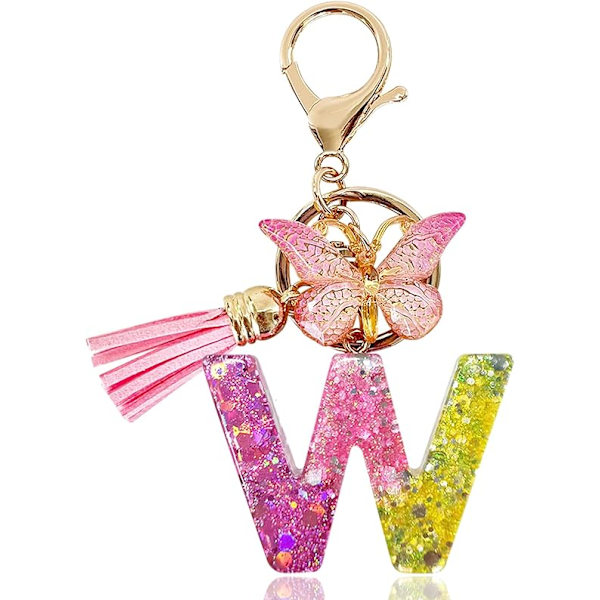 Alfabetet nøglering ringe Pink Cute nøglering med sommerfugl kvast vedhæng indledende bogstaver W