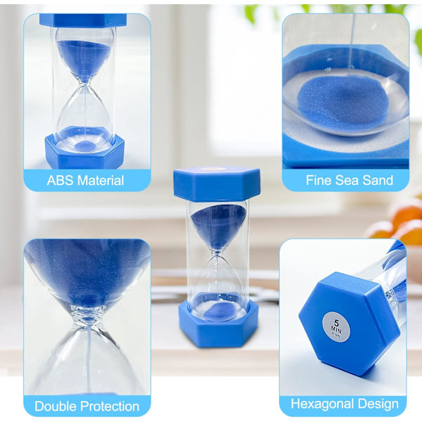 Sandtimer Set, Sandtimer, Sandtimer Set för Barn, Duschtimer, Glastimer, för Klassrumsspel, 5min, blå