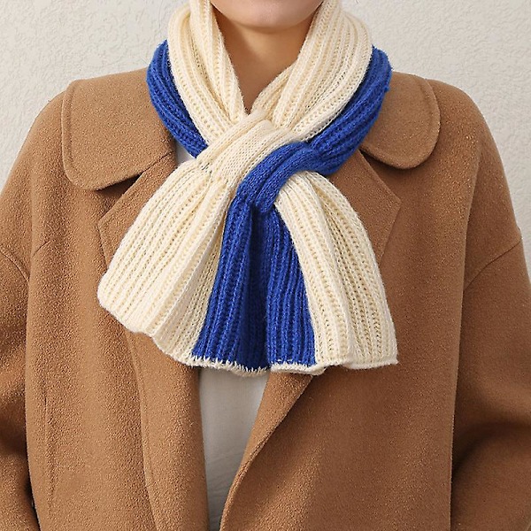 Liten Halsduk Kort Dam Höst och Vinter Korsstickad Halsduk Koreansk Stil Färgblock Allt-matchande Klein blue beige 23*88cm