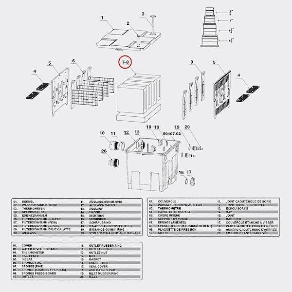 Reservedel biologisk filter CBF-350 Komplett sett med filtersvamper Skumfilter 24*20*7.5CM