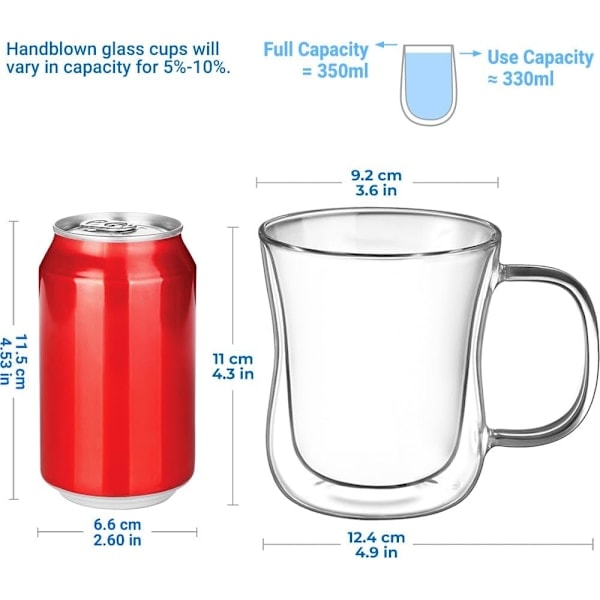 2x350ml Kaksiseinäiset kahvilasit Cappuccino Latte Macchiato lasikupit kahvoilla Kestävät lasikupit kahville teelle
