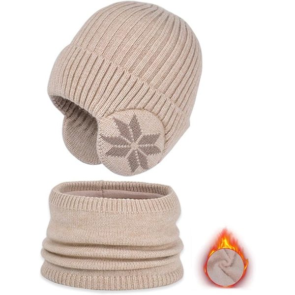Vintermössa och halsdukssats för barn | Stickad halsduk och mössa för utomhussporter - Snöflingemönster Elastisk förtjockning Utomhussporter Mössa och halsdukssats Beige