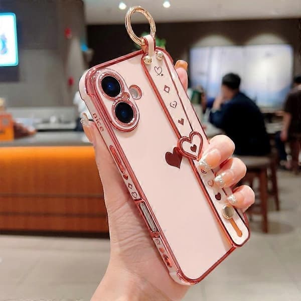 Til iPhone 16 Plus etui armbånd kickstand kærlighedshjerte TPU telefoncover fingerholder Multicolor Style E