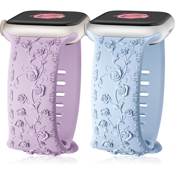 Gravert Rem for Apple Watch-reimer, iwatch-reim Kvinner, Myk Silikon Rose Blomstermønster Bånd for iWatch Series-reim Lavender Purple/Light Blue 38/40/41mm