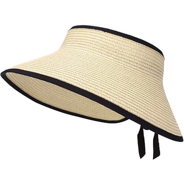 Stor Strandhatt i Halm för Kvinnor, Vikbar Bredbrättad Hatt för Dam, Solskydd, Bucket Hat med Rosett Beige