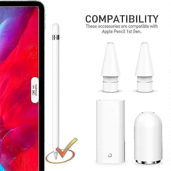 Magnetisk Pen Etui Opladningsadapter Og Spidser Udskiftning Tilbehørssæt Kompatibelt Med Apple Pencil 1. Generation 3 stk. - Hvid