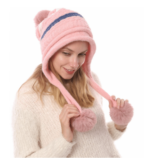Strikket Beanie med Pom Pom Øreklapper Vinter til Kvinder Pink