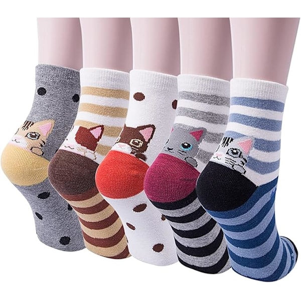 Søde 5 Par Kvinders Strømper Sjove Søde Dyr Damer Strømper Kat Hund Strømper Gave til Kvinder, One Size Polka dot striped cat