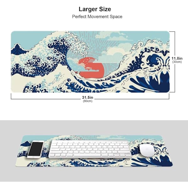 Musemåtte Japanske Stormhavsbølger Gaming Musemåtte Udstrakt Stor Musemåtte Skrivebordsmåtte Syet Kant 80x30x0,3cm