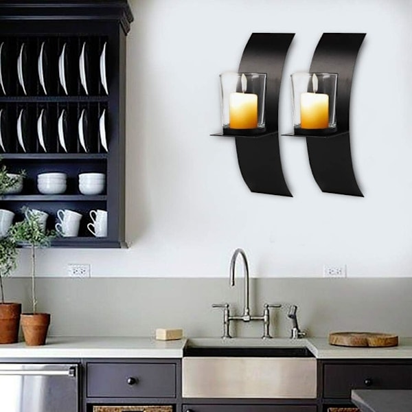 2 stk. Moderne Kunst Lysestake for Vegg Jern Kunst Lysestake Med Glasskopp Vegglamper Sett med To Lysestaker Metall Svart