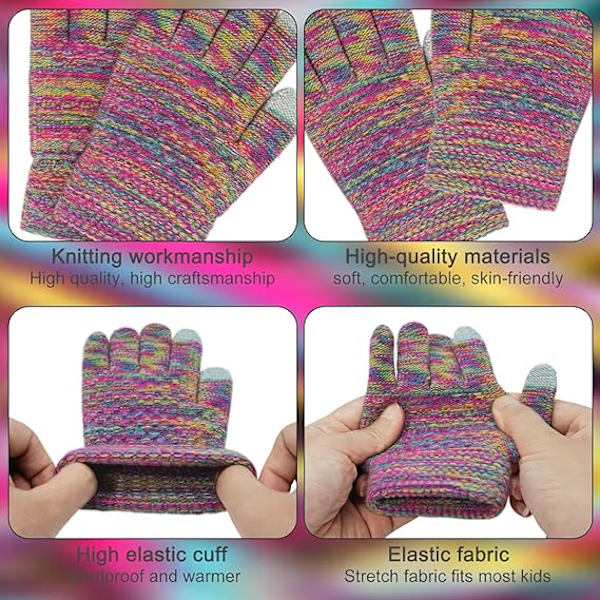Vintermössa, Halsduk och Vantar Set för Barn, 3-Delar Stickad Varm Crochet Tjock Fluffig Halsduk Pom Pom Mössa Två Fingrar Touch Screen Vantar Set Iridescent